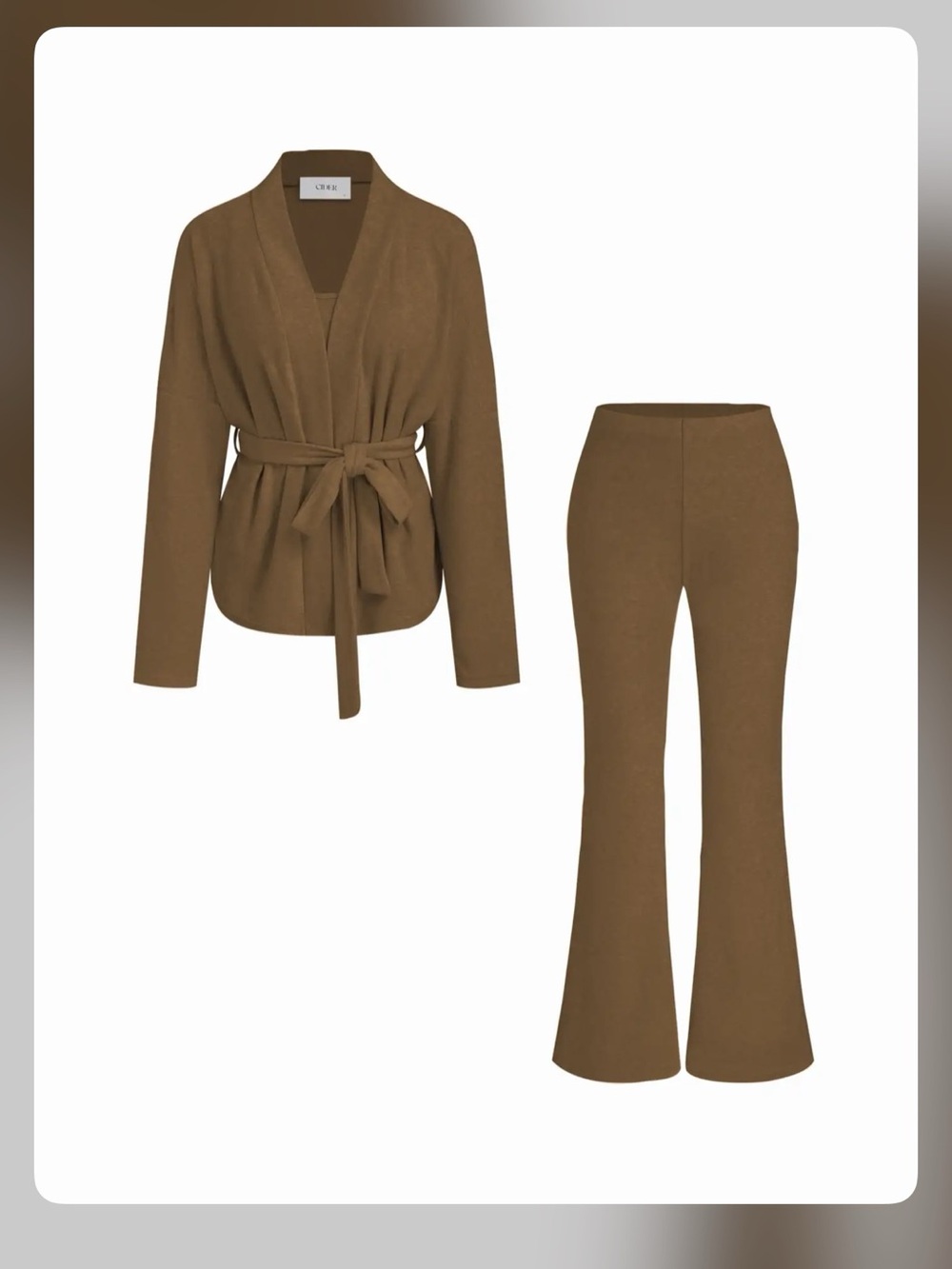 TERRY LONG SLEEVE TOP WITH BELT WITH TANK CROP TOP HIGH RISE FLARED TROusers set